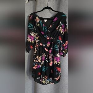Islander Black Floral Wrap-Style Tunic with Multicolor Blooms